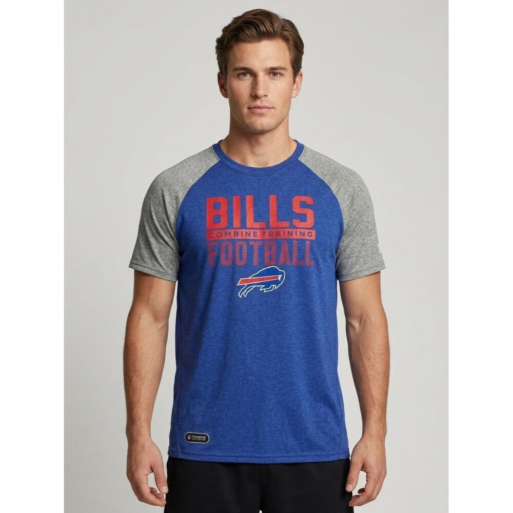 New Era NFL Men Buffalo Bills Combine Training T-Shirt Blue Gray Raglan L NWT
